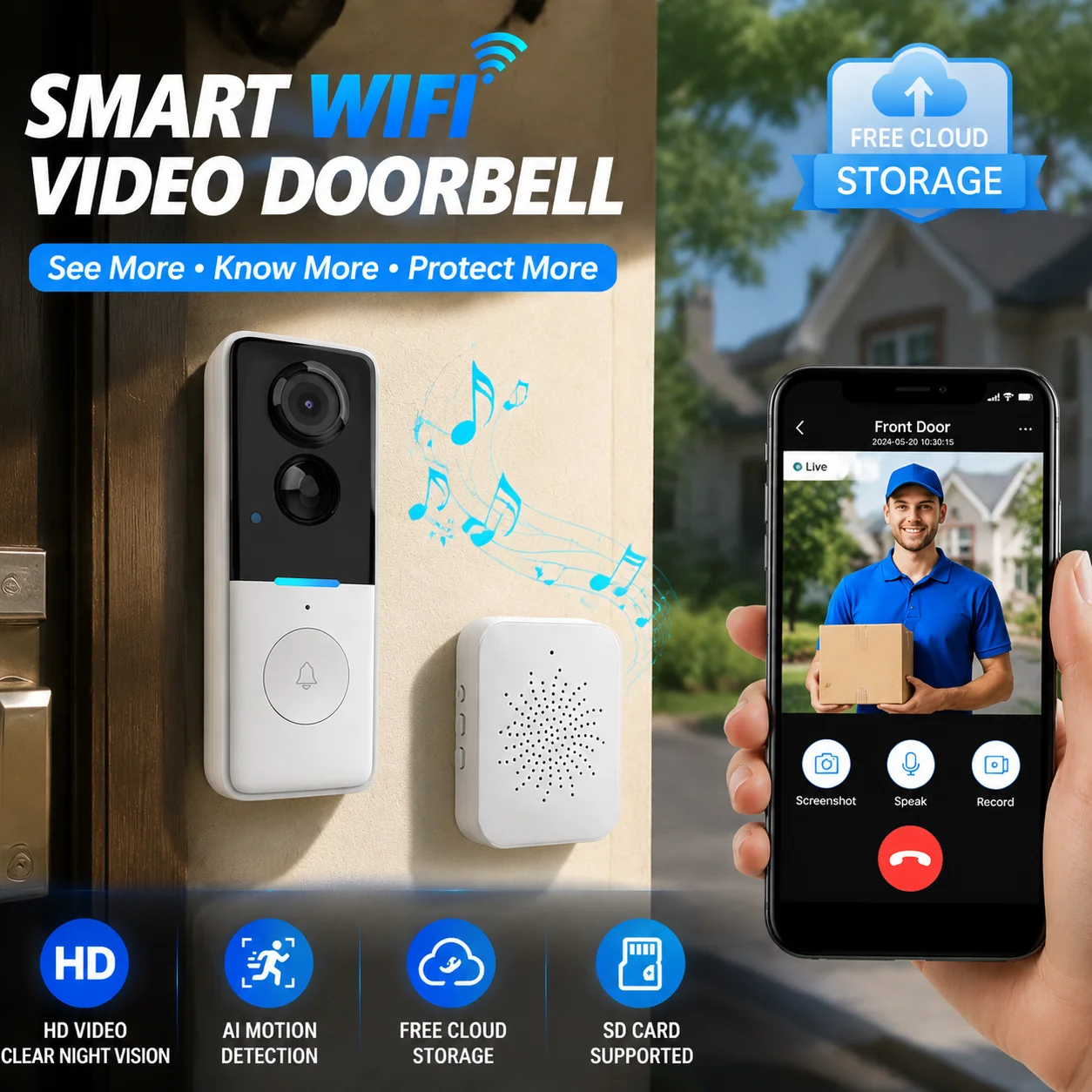 

WiFi Smart Video Doorbell With Indoor Chime HD Night Vision AI Human Motion Detection Free Cloud & SD Card Storage Two Way Audio