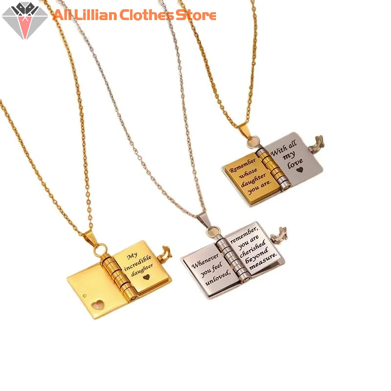 Engrave Book Pendant Necklace Stainless Steel My Little Star For Daughter Love Openable With 7 Pages Gift Women's Sweater Chain