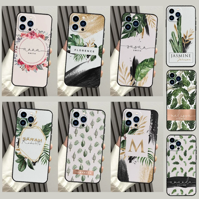 Personalised Initials Palm Leaves Greenery Case For iPhone 16 15 12 13 14 Pro Max Plus XS XR 12 13 Mini Cover