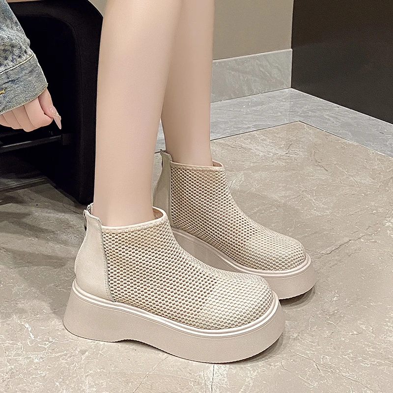 New Arrival Minimalist Hollow Mesh Ankle Boots Round Toe Platform Back Zip Lightweight Daily Walking Summer Boots Free Shipping