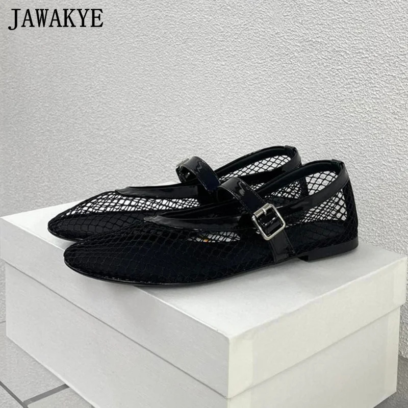 Designer New Fish Net Ballet Flats Shoes Women Black Leather Ladies Hollow Flat Shoes Summer Mesh Vacation Beach Shoes For Women