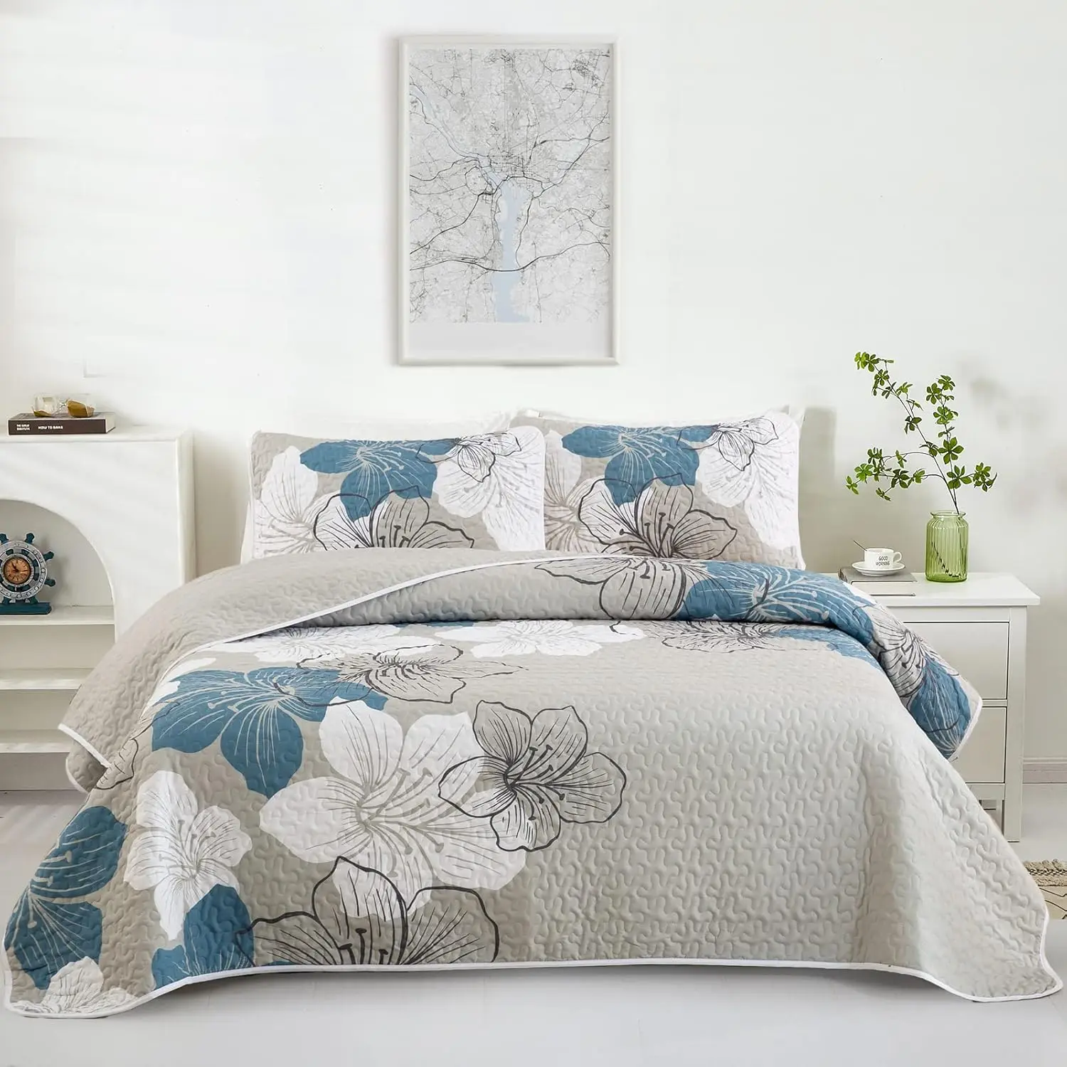 Floral Quilt Set King 3 Pieces Boho Blue Floral Quilt Coverlet Set Soft Microfiber Lightweight Grey Quilted Bedspread