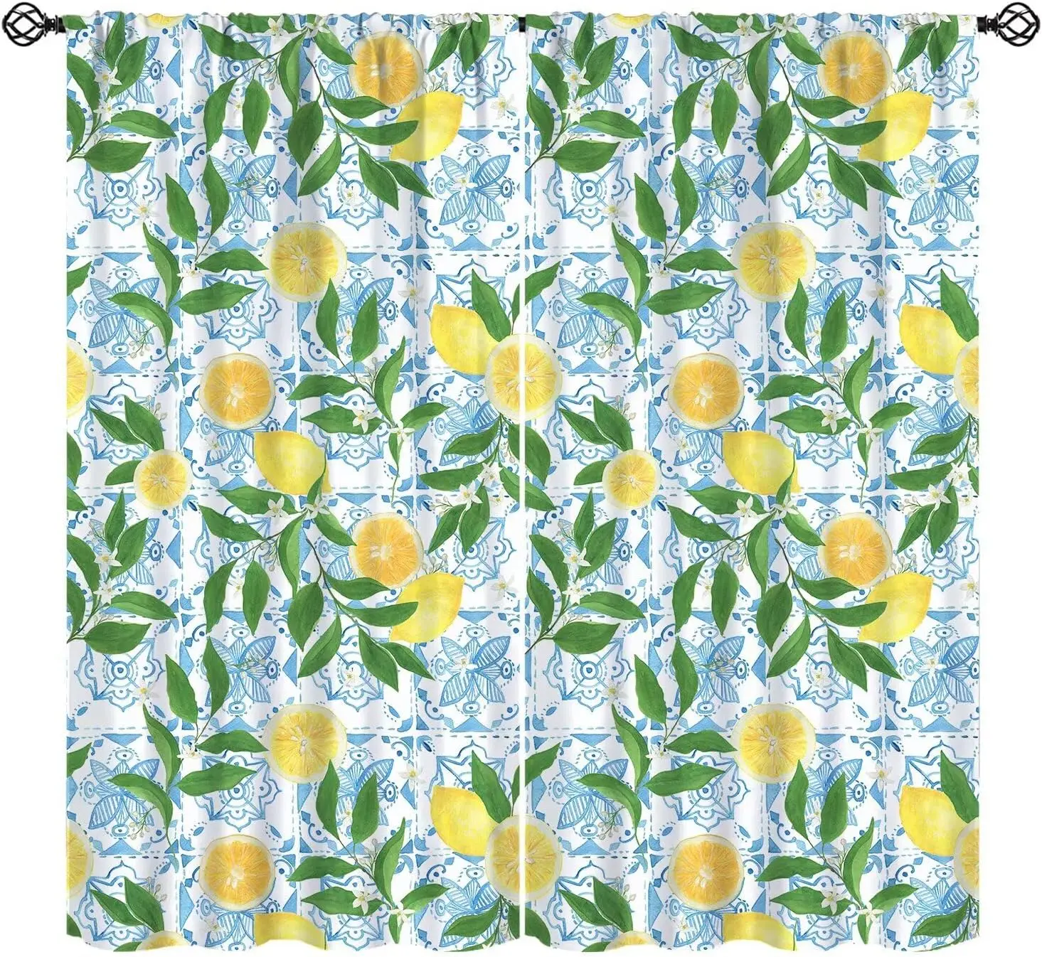 Blaue Zitronenvorhänge mit blauen Fliesen, Sommerfrucht-Chic, traditionelles Blumenmuster, Fenstervorhänge für Schlafzimmer, Wohnzimmer, Küche, Café