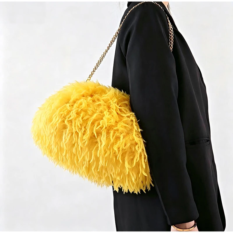 Lockige, flauschige Kunstfeder-Plüsch-Umhängetasche mit Kette, Damen-Clutch mit Falten-Design für Partys und Abendveranstaltungen, Herbst/Winter – Detail 15
