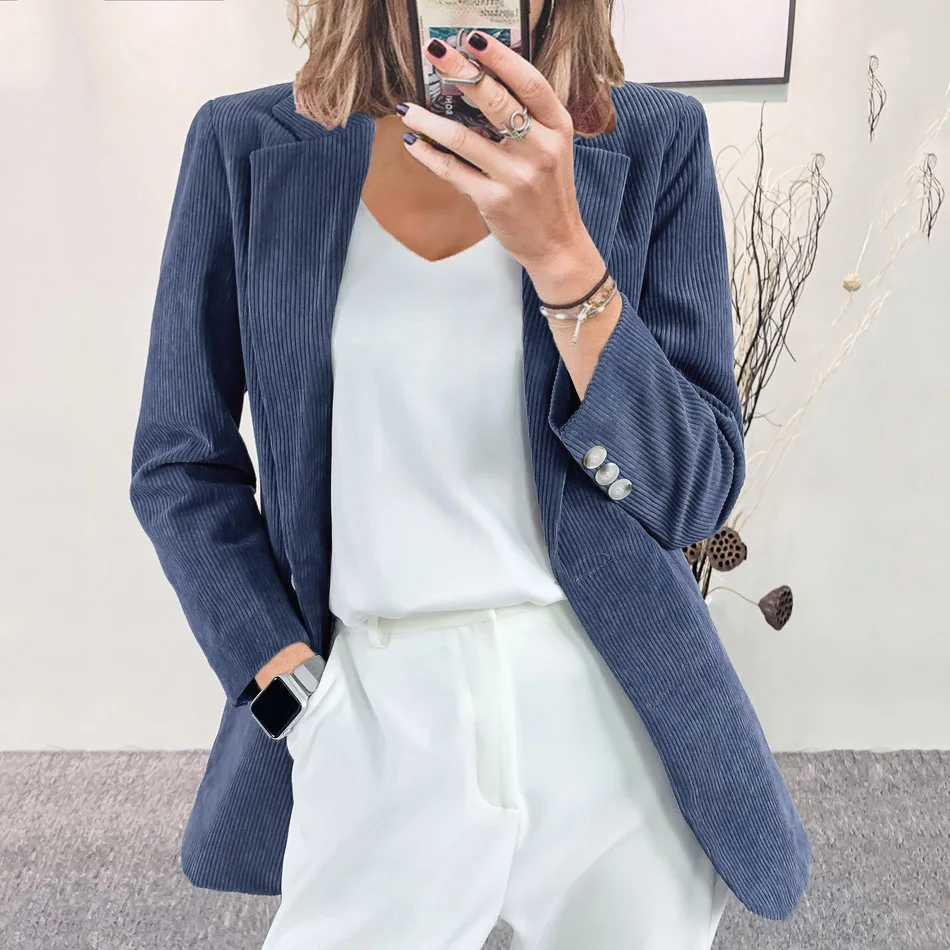 Cárdigan de pana británico para mujer, Chaqueta de traje pequeña profesional, Regular, básica, ajustada, Color sólido, novedad de 2024