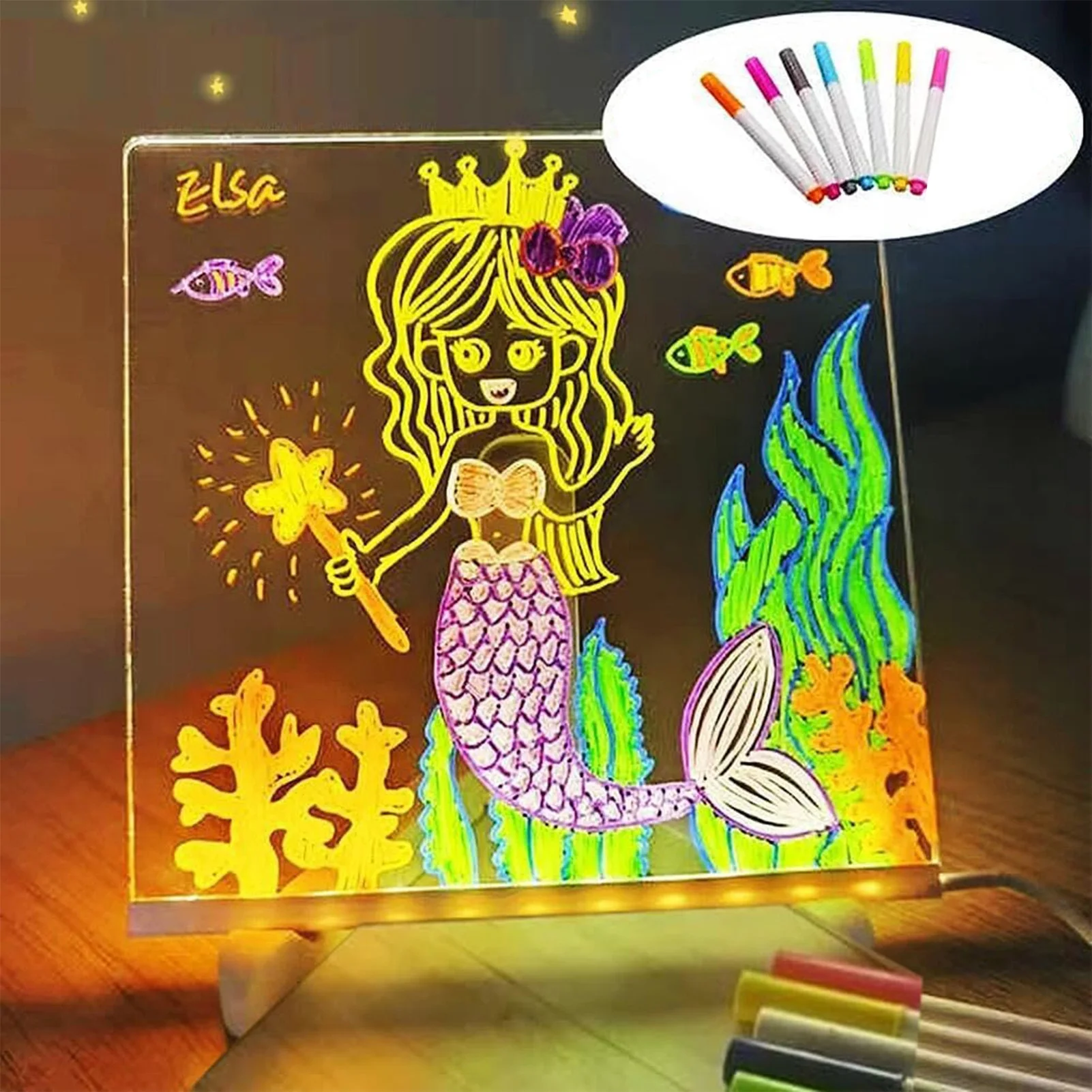 لوحة ملاحظات متوهجة مع 7 أقلام ملونة، لوحة رسم ملونة يمكنك صنعها بنفسك مع حامل قابل للتعديل للأطفال والكبار والتعليم والترفيه
