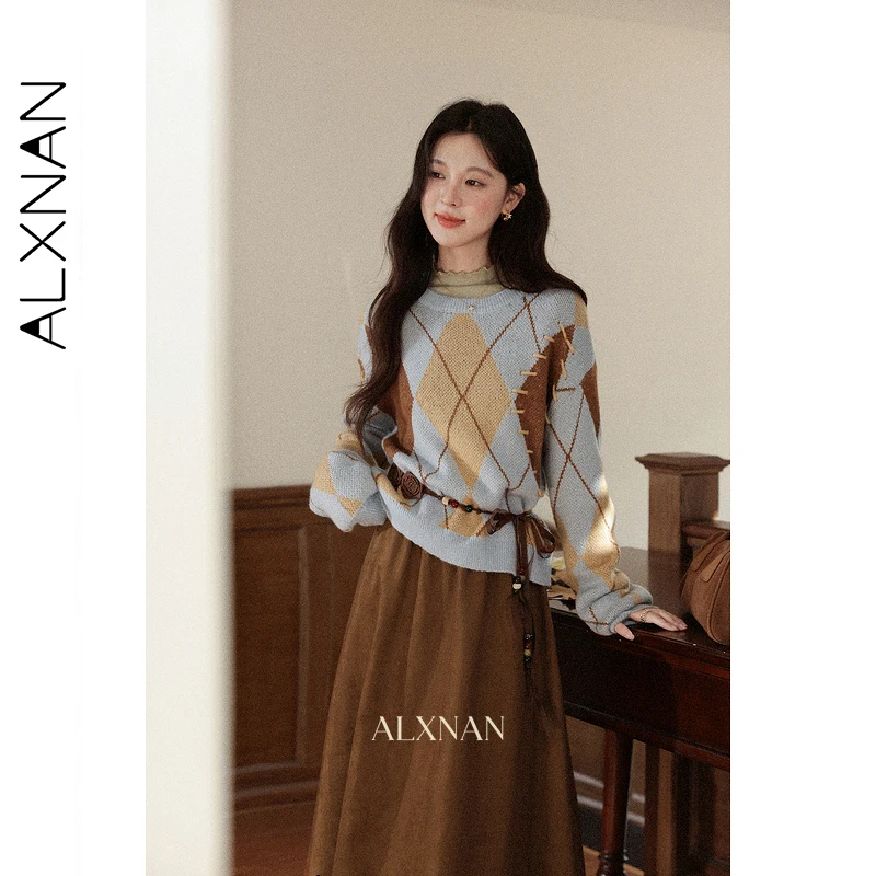 

ALXNAN синий свитер с длинным рукавом и круглым вырезом, свободный крой, осенние новые пуловеры с геометрическим ромбовидным узором, повседневные женские топы L57718