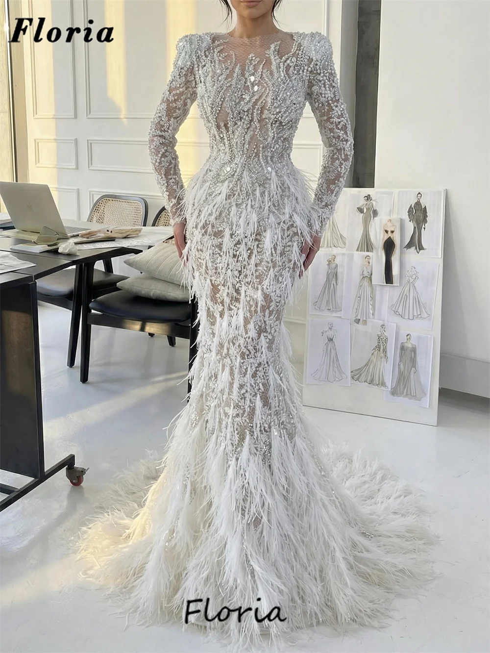 

High Fashion Mermaid Celebrity Dresses Feathers Beaded Appliques Evening Dress Robes De Soirée Customized Wedding Party Gowns