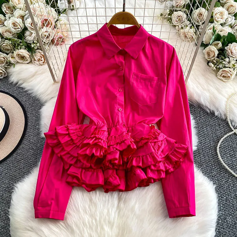 

Female Tierred Party Blouse Autumn Lapel Pocket Original Design Solid Shirt French Style Aesthetic Chic Workwear Top