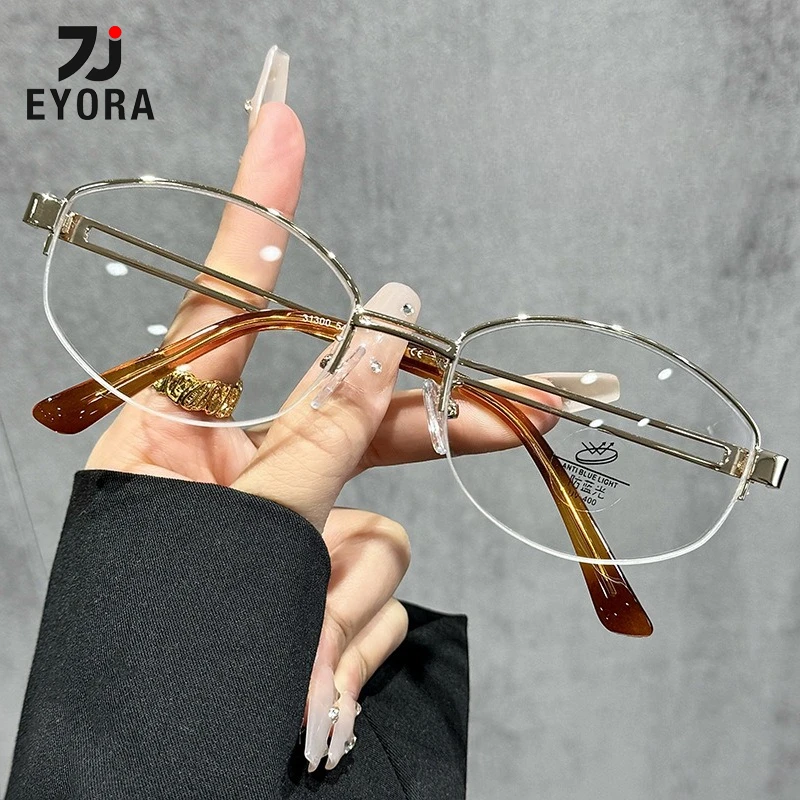 

EYORA Metal Half-Frame Reading Glasses for Women Currents Anti Blue Light Photochromic Glasses Optical Lenses with Prescription