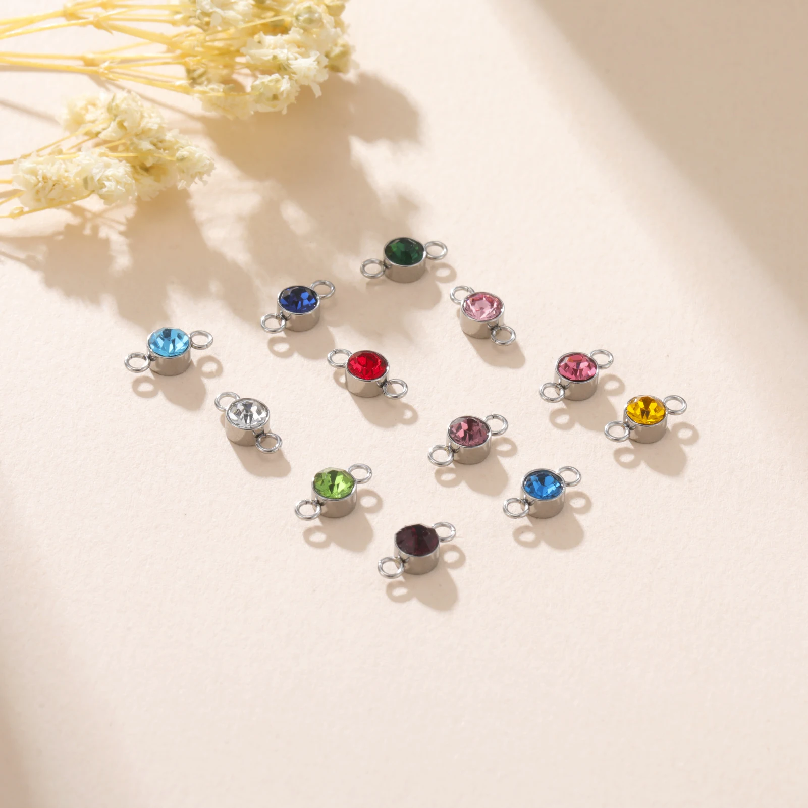 5 Stück/Set 5mm Geburtsstein-Anhänger mit 2 Löchern aus Edelstahl, Kristallanhänger für die Herstellung von Halsketten und Armbändern, DIY-Zubehör – Detail 5