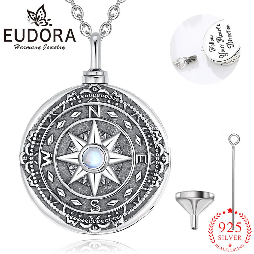 

Eudora 925 Sterling Silver Compass Ashes Urn Necklace Moonstone Pendant Exquisite Cremation Urn Memorial Jewelry for Men Women