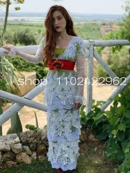 Rose Dewitt Titanic Bukater Tea Prom Dress Long Sleeve Edwardian Belle History Fashion Evening Gown Floral Lace with Red Belt