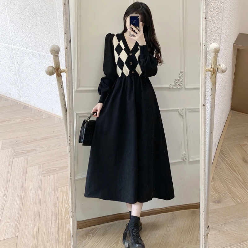 Plus Size Fashionable Knitted plus Size Women's Dress V-Neck Patchwork Slimming Belted Long Skirt Autumn Winter Thickened Lon...