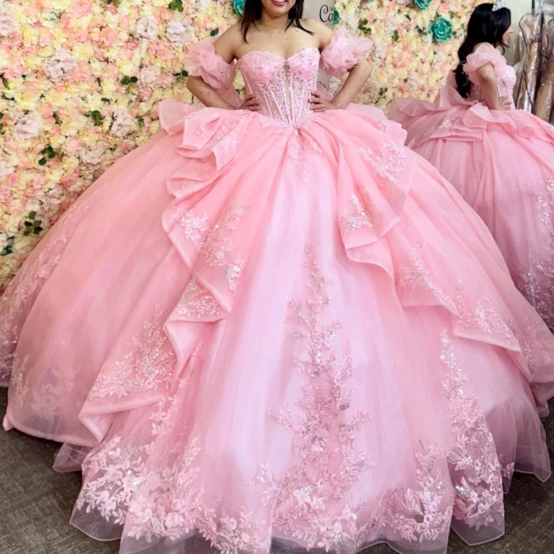 

Pink Shiny Quinceanera Dresses Off The Shoulder Applique Lace Beading Crystal Tull Party Birthday Sweet 16 Dress Vestidos 15
