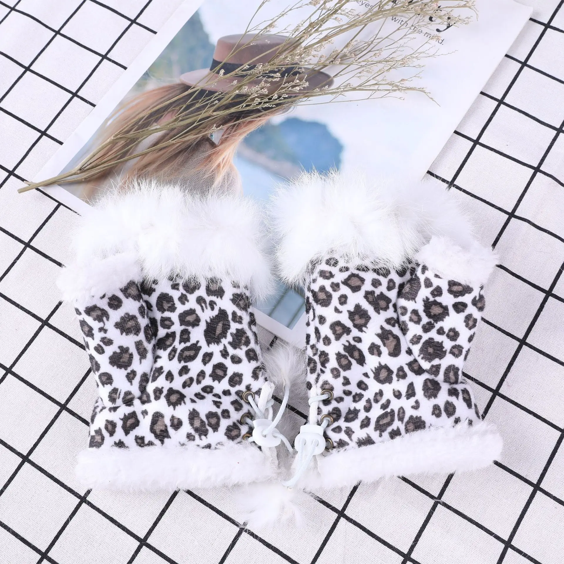 Y2K Leopard Print Gloves Plush Suede Faux Rabbit Fur Fingerless Gloves Christmas Women Hand Wrist Windproof Mittens Warmer