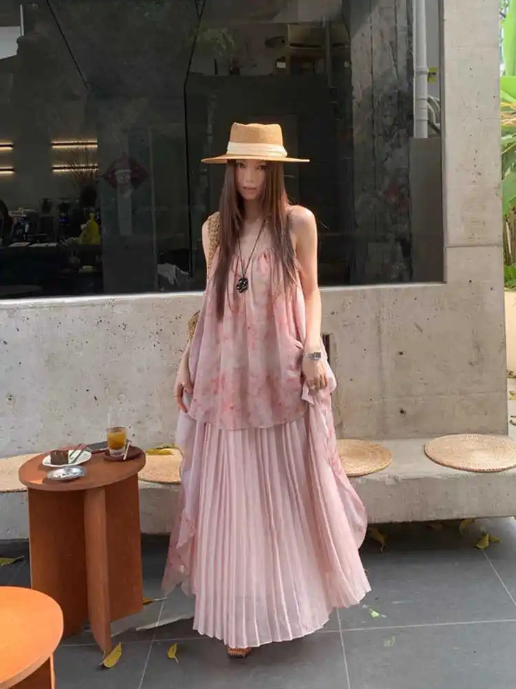 

Clothland Women Pink Print Two Piece Set Asymmetrical Camis Shirt Pleated Skirts Summer Sweet Female Suits Mujer TA583