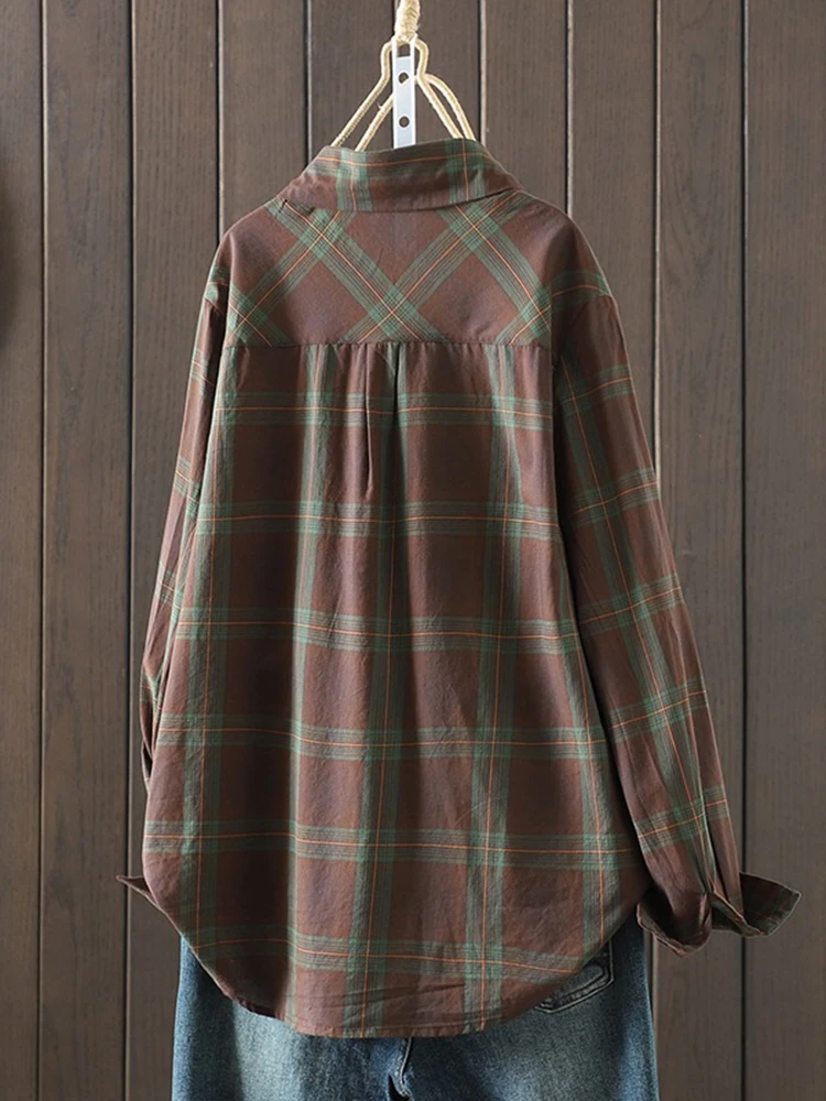 Women's Plaid Long Sve irt Coat Loose Fit Vintage Sle Casual Single ket Turn-down Collar Open Cardigan Top