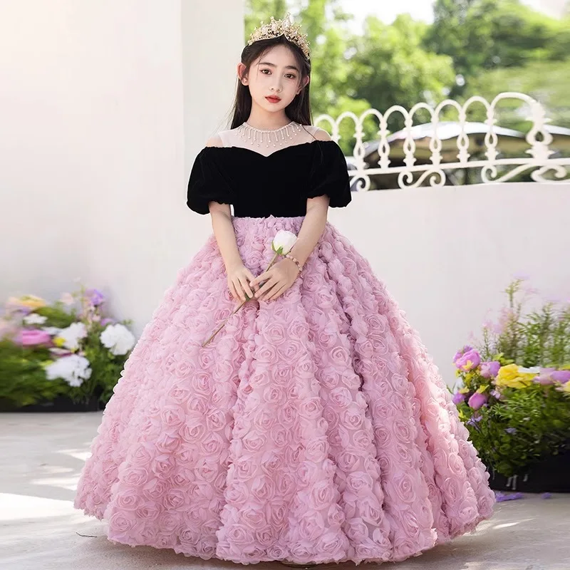 

Flower Girl Wedding Party Dresses Pink Princess Dress New Round Neck Long Gown Three-Dimensional Flowers Ball Gown Customized
