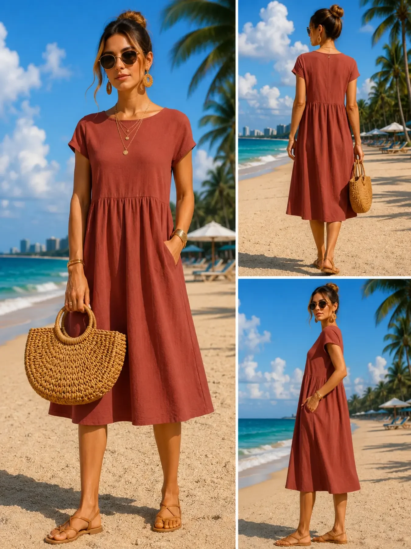 Women’s Casual Midi Dress with Pockets, Loose Short Sleeve Crew Neck, Summer Beach Dress, Fashion, Everyday, Comfortable, Stylish and Chic for Women