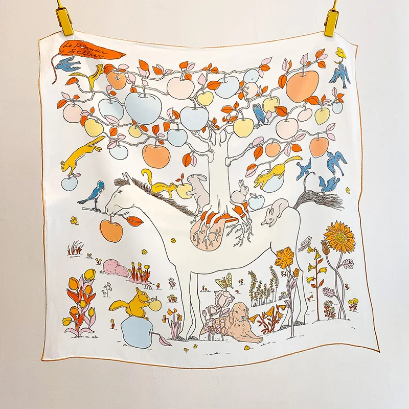 100% MULBERRY SILK Square Scarf 70cm Hand Drawn Cartoon Horse Fruit Tree Print Neck Wrap Headscarf Bag Decor Ladies Present