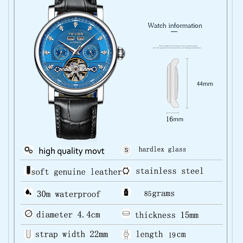 Tevise Watch for Men Automatic Skeleton Mens Watches Tourbillon Mechanical Watch Waterproof Stainless Steel Relogio Masculino