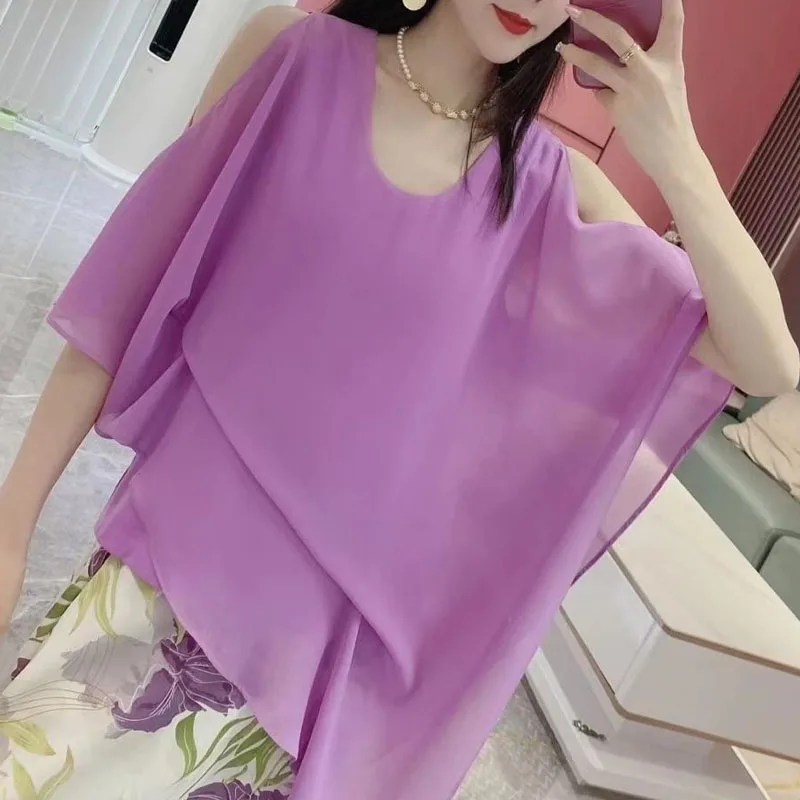 Trend All-match Solid Color Irregular Chiffon Blouse Summer Women\'s Clothing Off Shoulder Casual Round Neck Shirt for Female