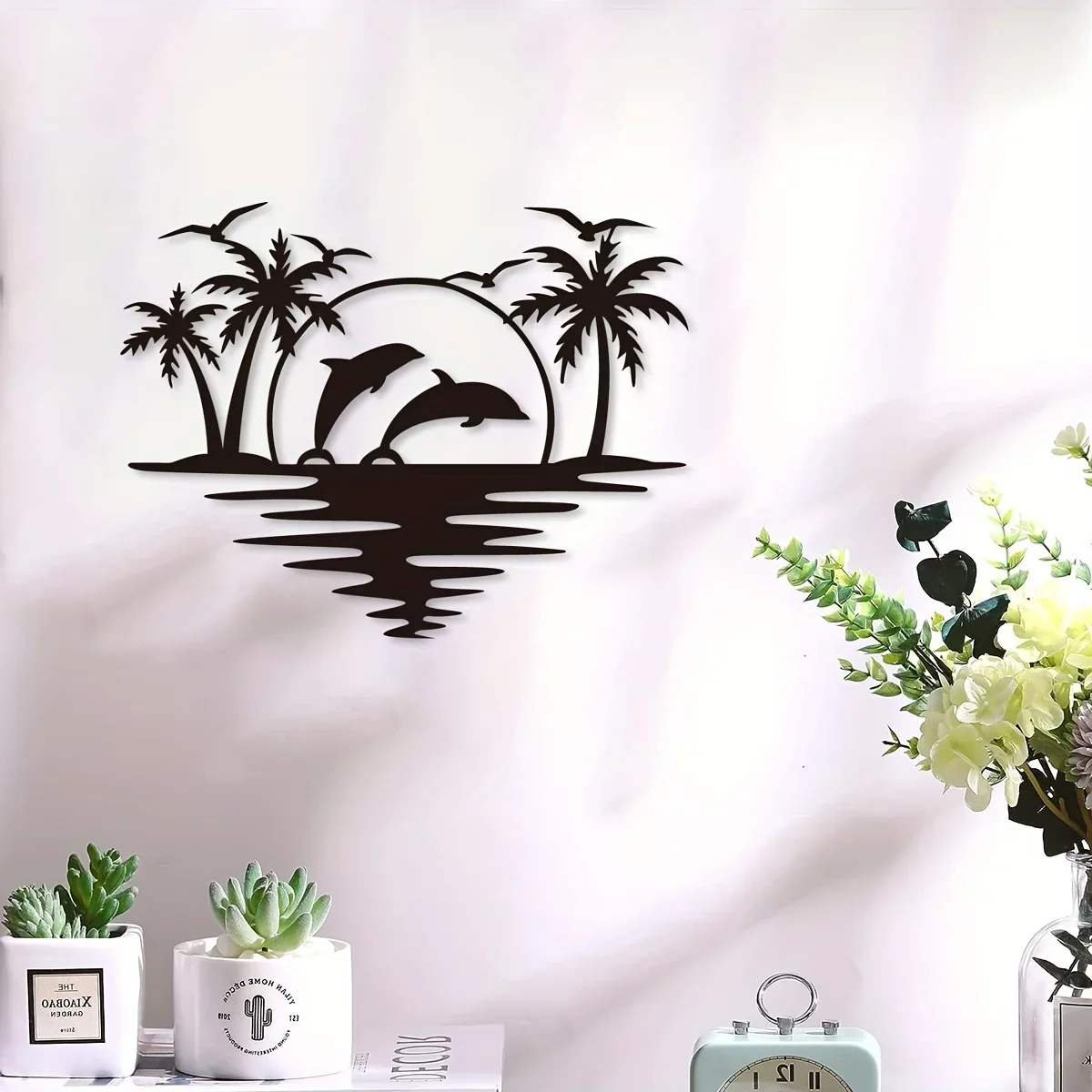 Creative Dolphin Coconut Tree Beach Iron Indoor Outdoor Crafts Decoration, Great for Living Room Bedroom, Hallway,Wall Sticker