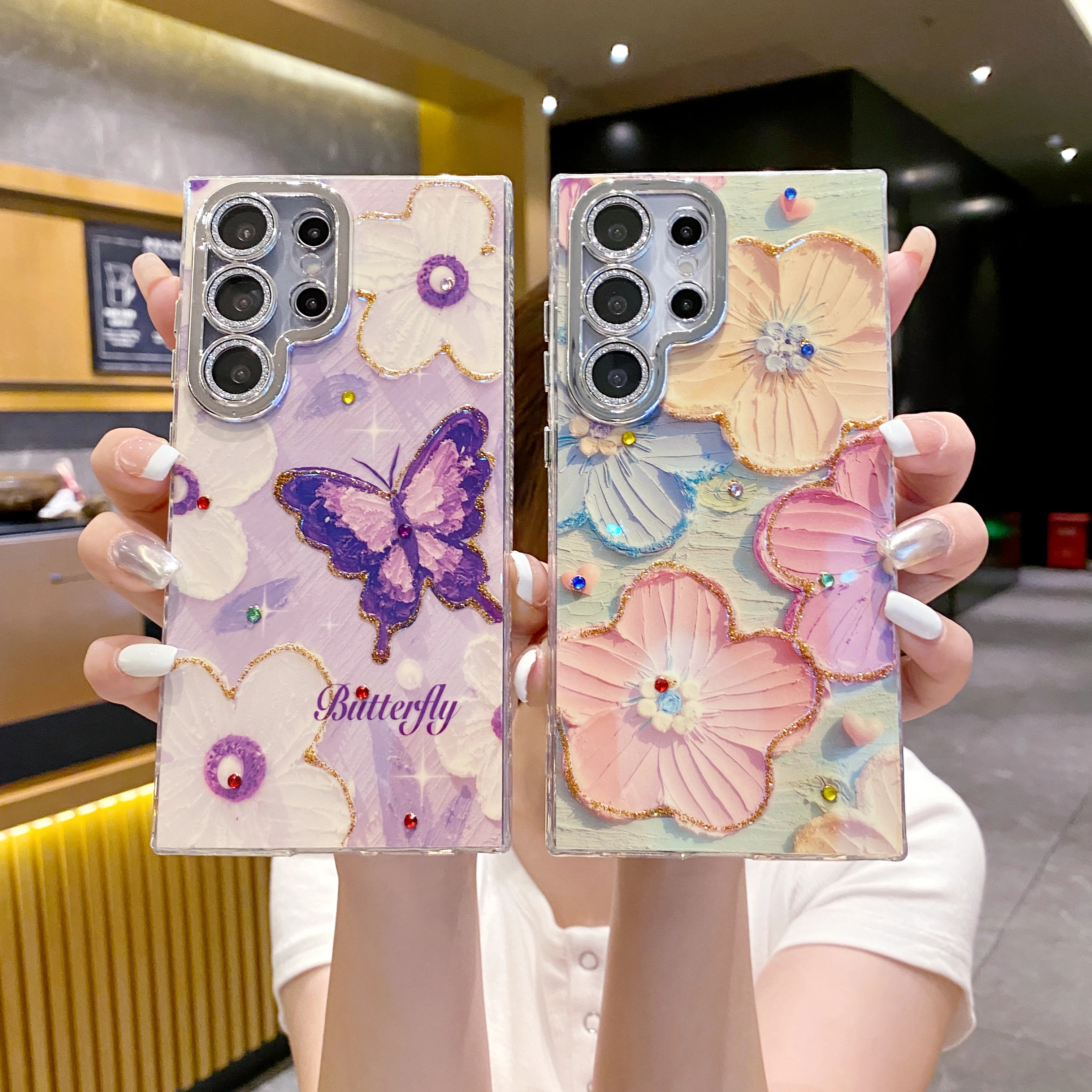 

Bling Glossy Diamond Blu-ray Case For Samsung Galaxy S24 Ultra S23 S22 Glitter Camera Bezel Diamond Flower Butterfly Armor Cover