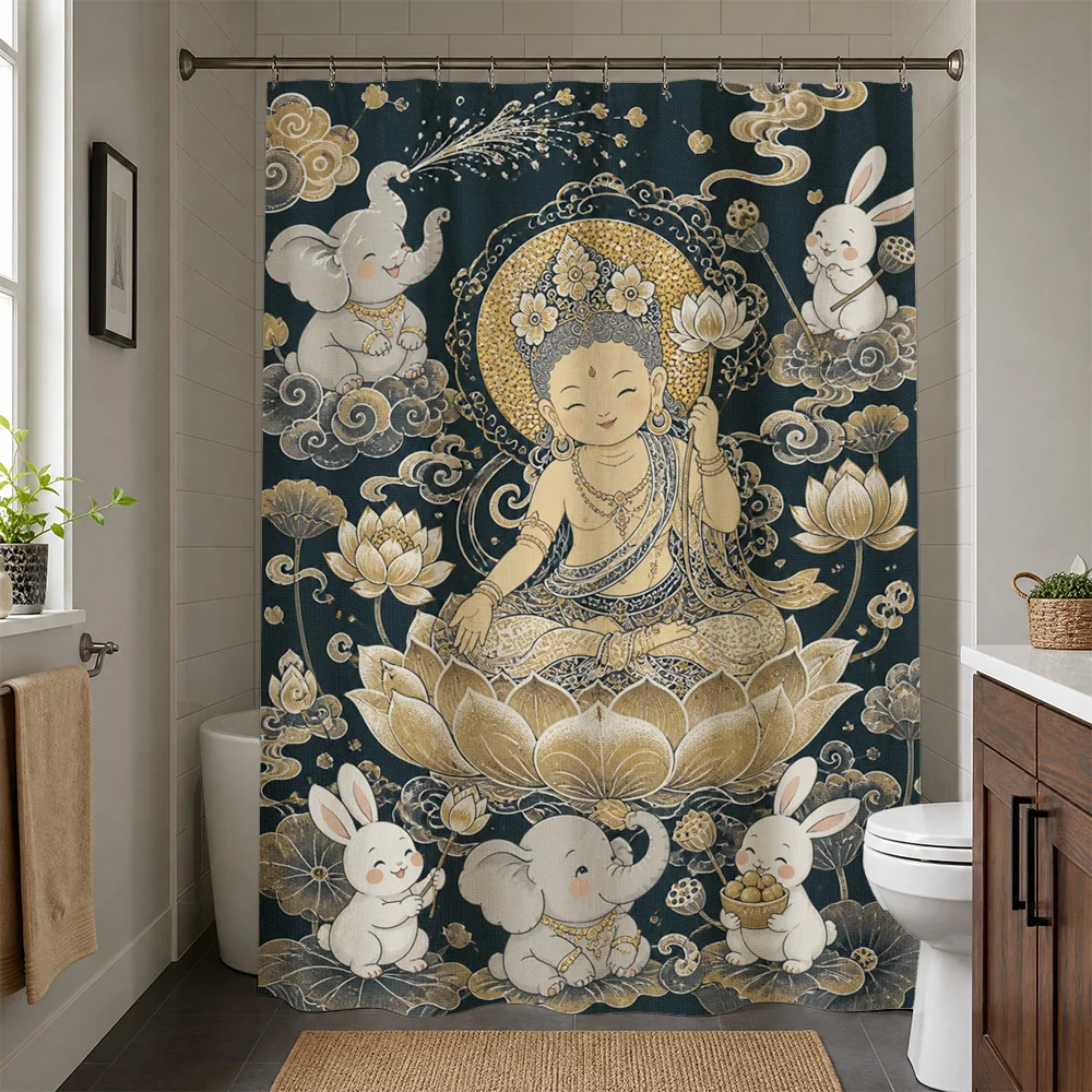 Waterproof Asian Buddha Shower Curtain Boho Tropical Elephant Rabbit Lotus Divine Art Bathroom Shower Liner Curtain Decor