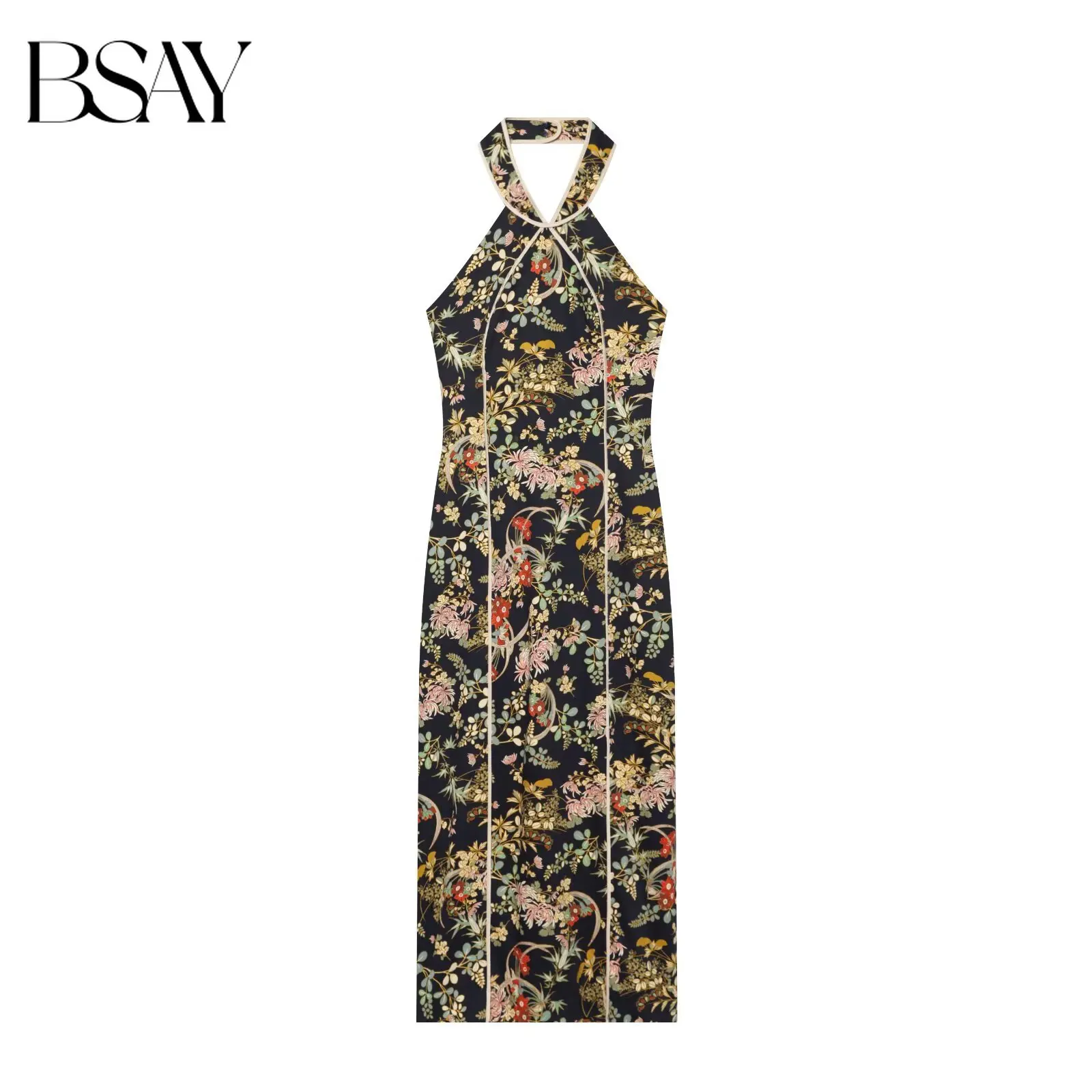 BSAY 2026 Autumn Women's Halter Neck Printed Dress With Contrasting Colors And Rolled Edges Sleeveless Slim Fit Mid Length Skirt