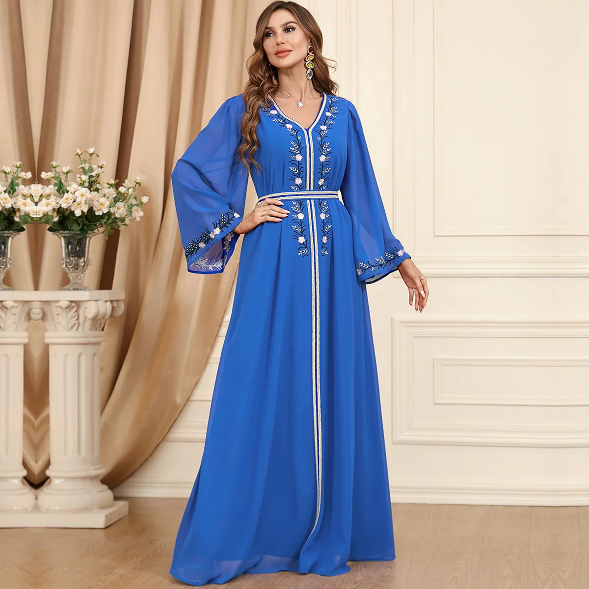 3344 2023 Arab Autumn/Winter New Women's Fashion Chiffon Embroidered Women's Dress