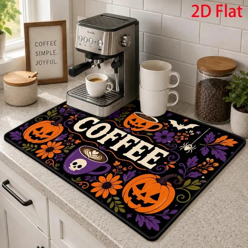 Kitchen Drainage Mat 2D Flat Thanksgiving Pumpkin Cushion Super Absorbent Autumn Fall Leaf Espresso Machine Support Pad