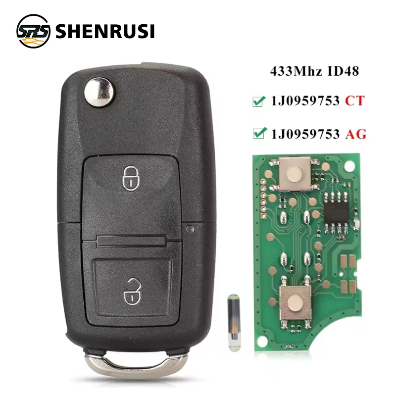 

SHENRUSI 2BTN Flip Remote Car Key Fob For VW Bora Golf Polo Passat Touran Seat Skoda 434MHz ID48 Chip 1J0959753AG/ 1J0959753CT
