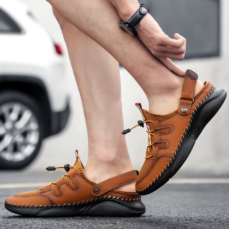 Men\'s Summer Breathable Mesh Casual Sandals Leather Outdoor Beach Creek Shoes Large Size Handmade Hiking Shoes Wading Shoes