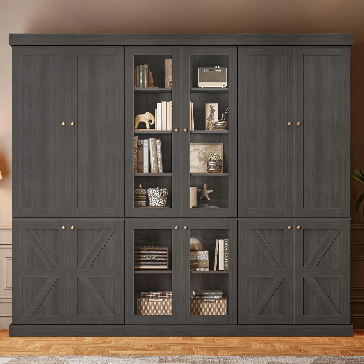 70.8" Farmhouse Bookshelf with Glass Doors, 6-Tier Adjustable Shelves, Cabinet for Kitchen & Living Room, Set of 3, Customized