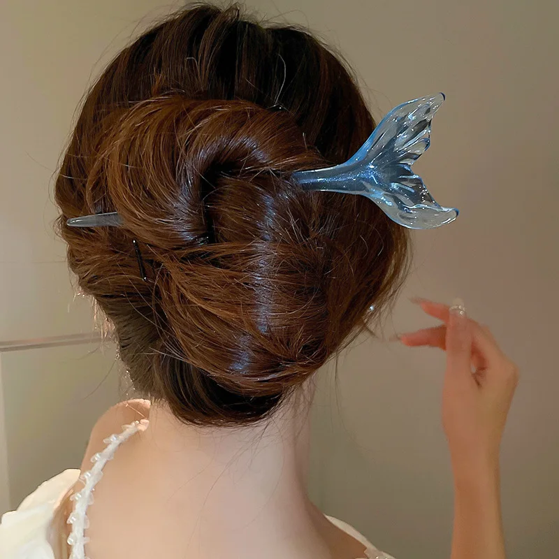 النمط الصيني شفافة الأزرق البحر الراتنج ذيل السمكة دبابيس الشعر للنساء الإبداعية الشعر العصي موضة إكسسوارات الشعر عطلة الخامس
