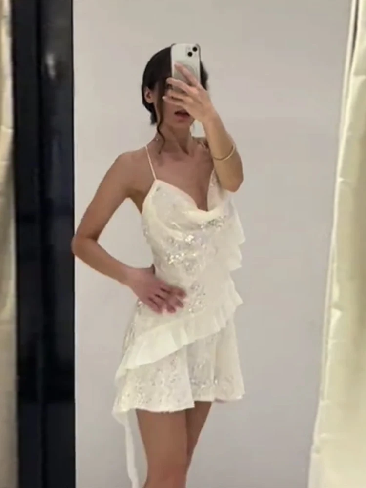 Branco brilhante lantejoulas halter mini vestido feminino elegante folha de lótus borda em camadas babados estilingue robe 2025 nova senhora noite partywear