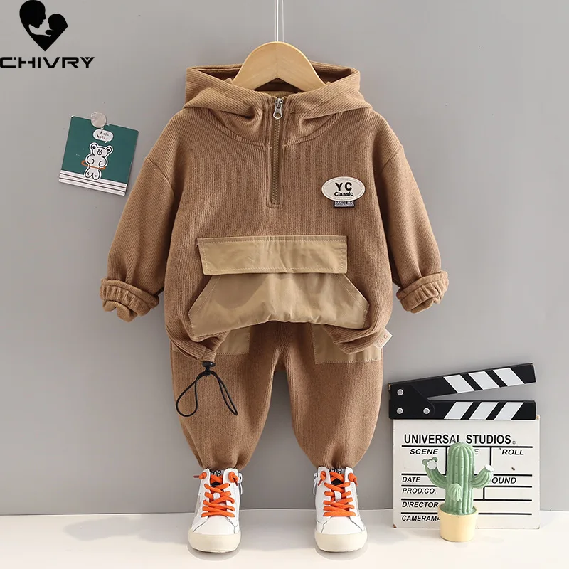 New 2023 Kids Baby Spring Autumn Fashion Solid Zipper Hooded Sweatshirt Tops with Pants Boys Casual Sports Clothing Sets