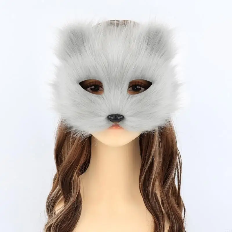 77HE Plush Cats Mask Furry Animal Half Face Masquerade Half Face Mask For Cosplay