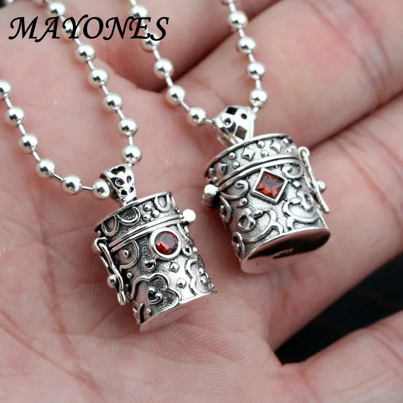 

S925 Sterling Silver Jewelry Vintage Thai Silver Male and Female Tang Grass Pattern Ruby Cylinder Small Box Pendant