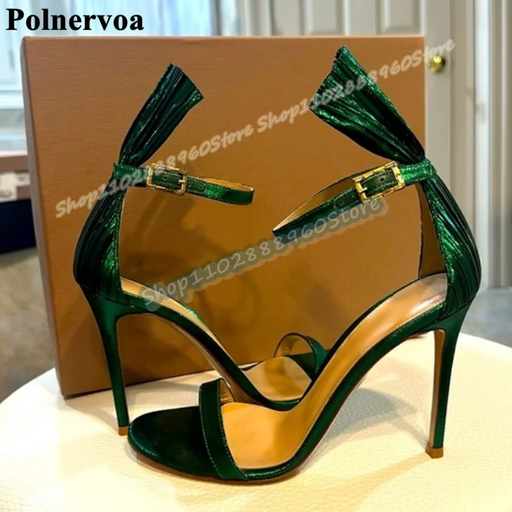 

Gorgeous Green Pleated Strap Sandals Stilettos High Heel Shoes For Women Ankle Buckle Strap Open Toe Occidental Banquet Sandals