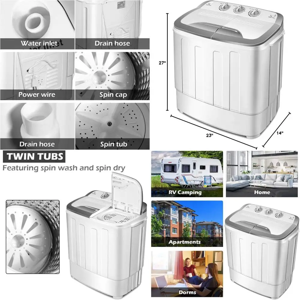 

Компактная портативная стиральная машина с двумя баками и функцией отжима, 13 фунтов, полуавтоматическая мини-стиральная машина для кемпинга, общежитий и автодомов