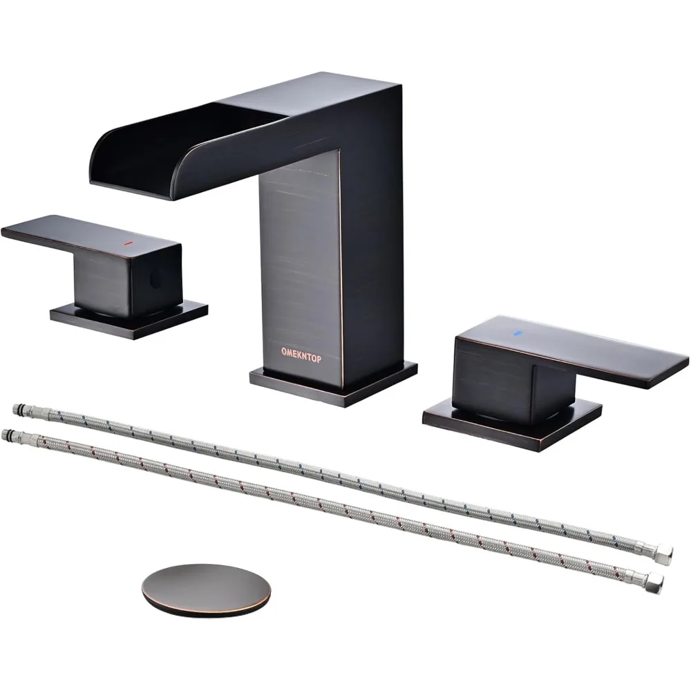 

8-Inch Oil Rubbed Bronze 3-Hole Waterfall Bathroom Faucet, 2-Handle Vanity Lavatory Mixer with Pop-Up Drain & Hose