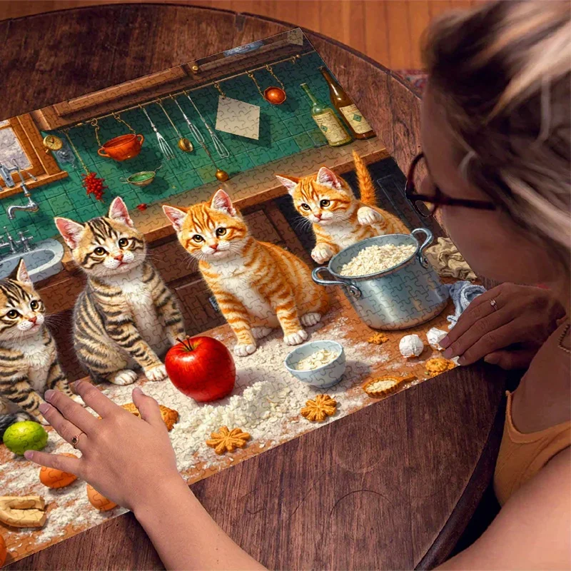 500/1000 قطعة من ألغاز الورق أربعة قطط لطيفة في المطبخ، مكونات متناثرة، ألعاب ألغاز كبيرة لطيفة للغاية للكبار Ga