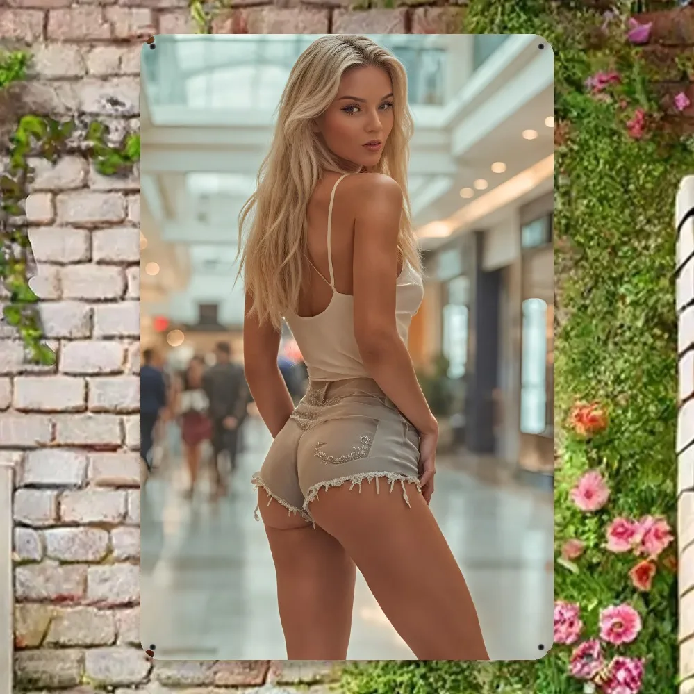Vintage 2D Metal Wall Art - Blond Woman in Beige Top & Denim Shorts, Fireproof Durable Decor for Lounge Modern Home