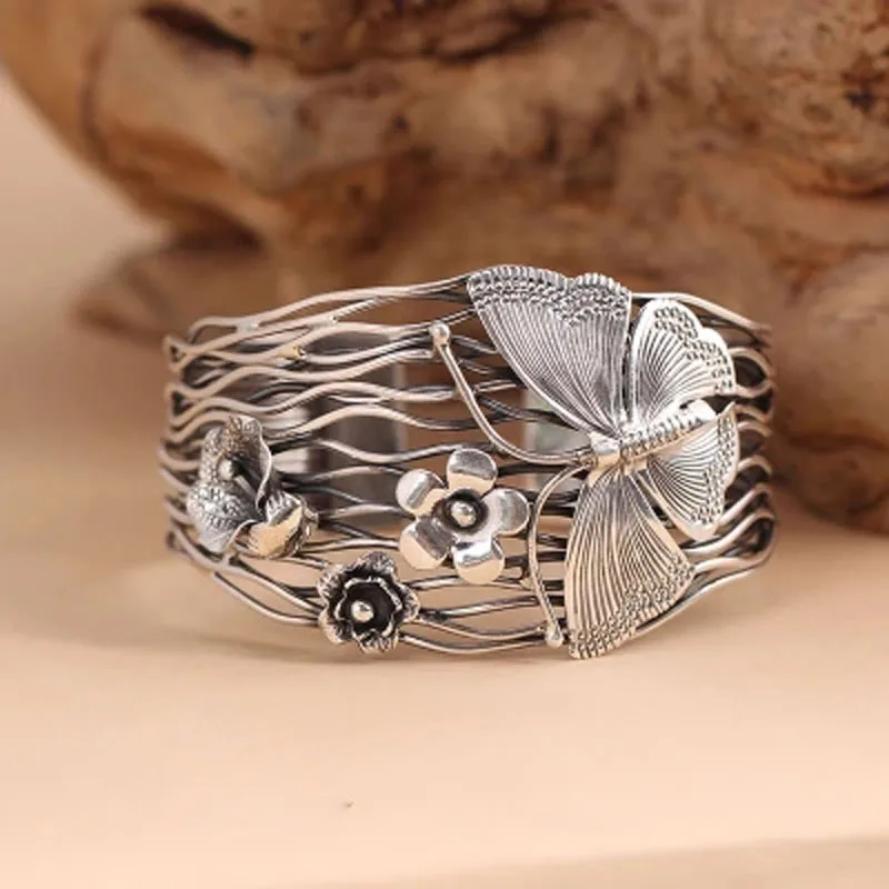 

100% Pure 925 Sterling Silver Bracelet Women Wide 42mm Thailand Handmade Butterfly Flowers Opening Bracelet Hollow Women Jewelry