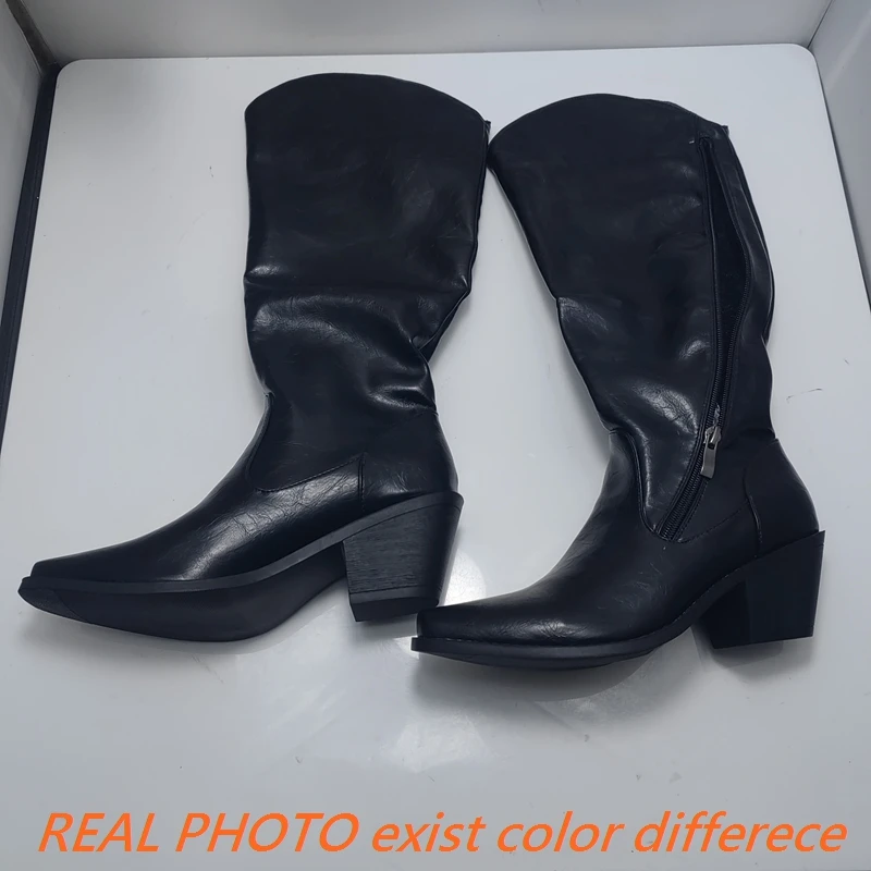 

Girseaby New 2024 New Knee Boots 5.5CM Chunky Heels Embroidered Leather Big Size 44 45 46 47 US16 US15 Black Red White Brown