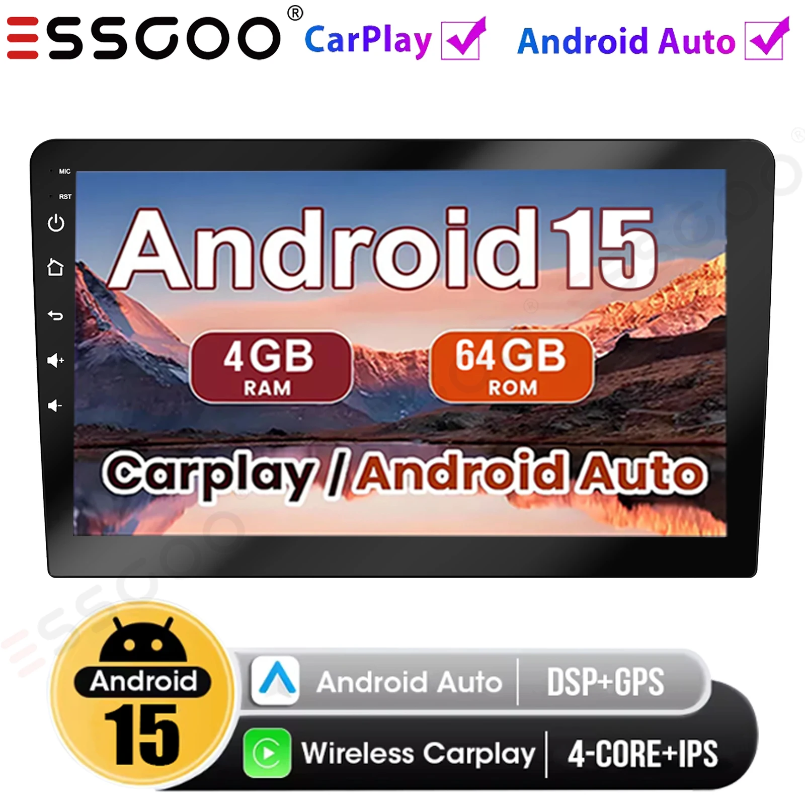 

ESSGOO 9" Android 15 4+64GB Car Stereo Radio Double 2 DIN Apple Carplay GPS Navi IPS Touch Screen WiFi Head Unit SWC+DAB&DVR&AHD