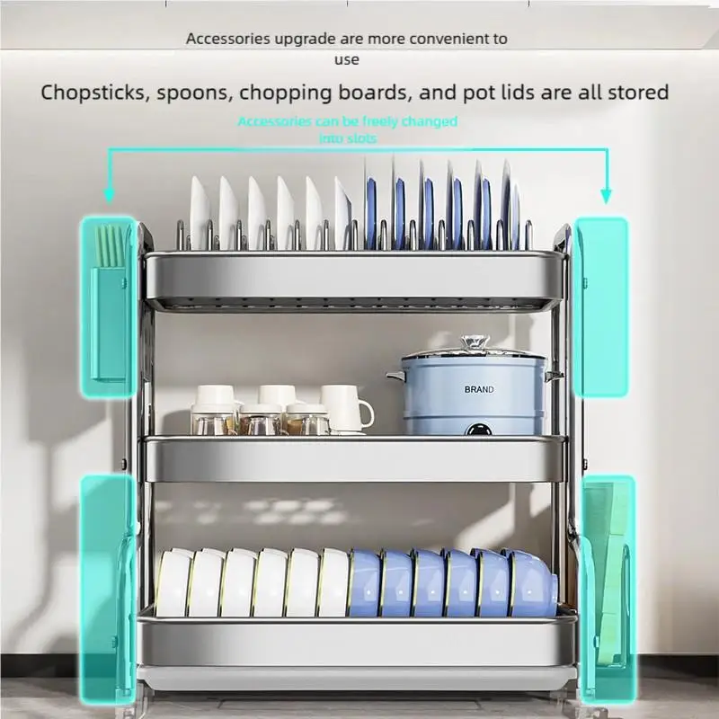 Stainless Steel Kitchen Shelf Multilayer Dish and Plate Drainer Multifunctional Dinnerware Organizer Non Slip Countertop Rack